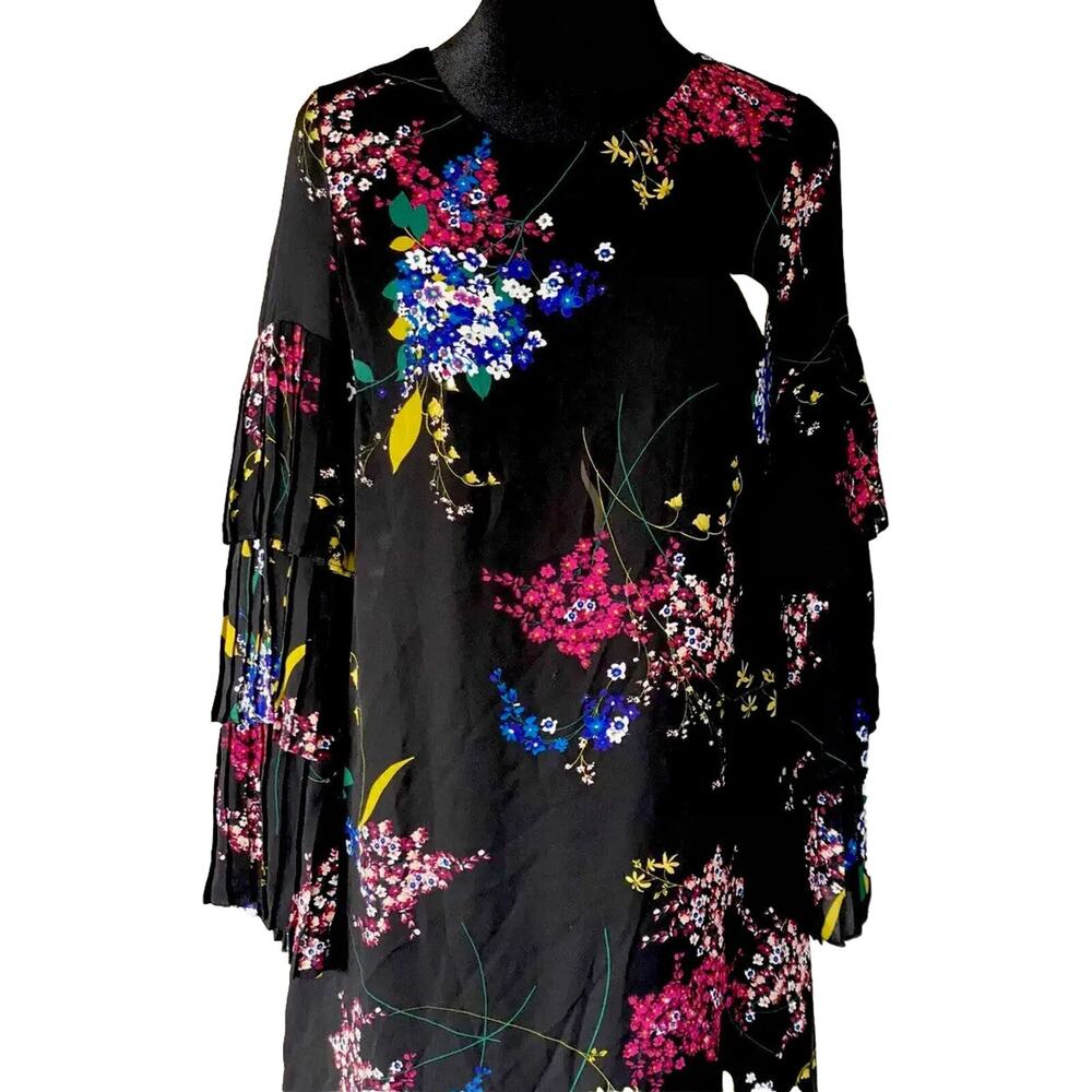 Black Floral Chiffon Lined Pleated Long Sleeve Dress Size 4 NWT
